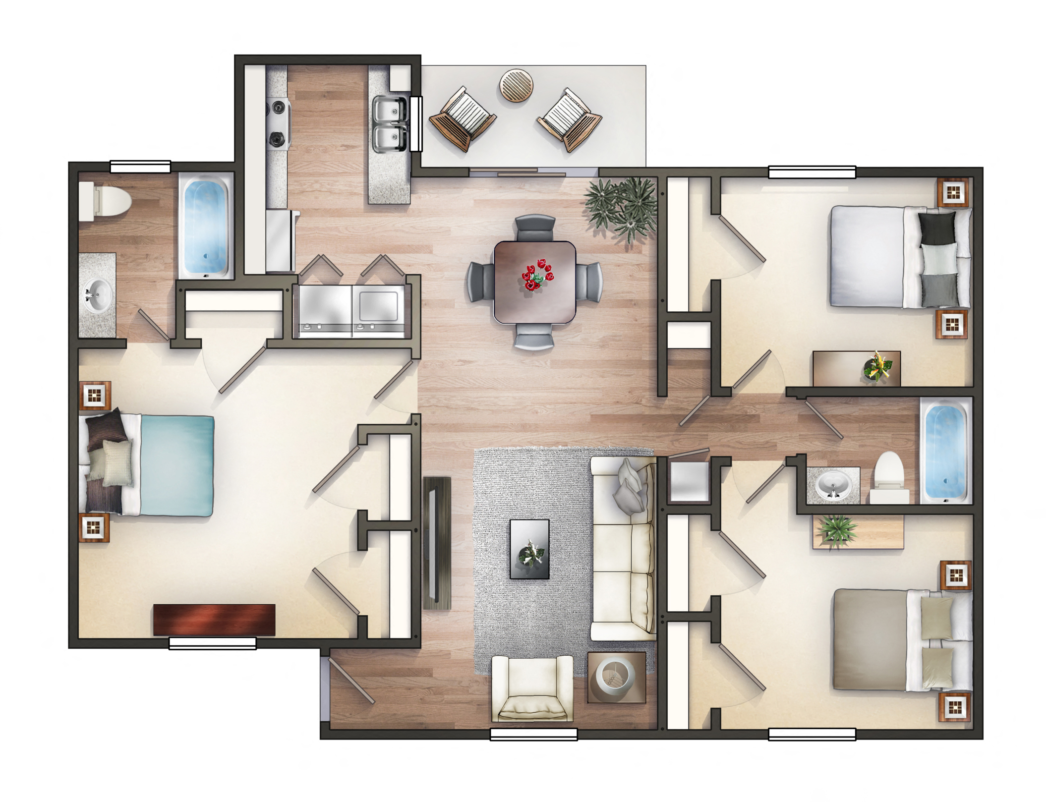 Floor plan for 3 beds, 2 baths, 1050 sqft